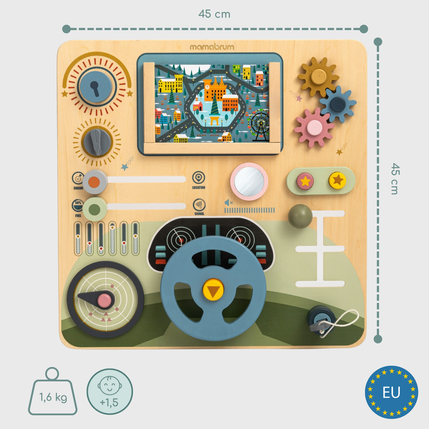 Træ Montessori-bræt 2 i 1 cockpit til den lille chauffør og pilot – rat, gearstang, rejsekort, radar