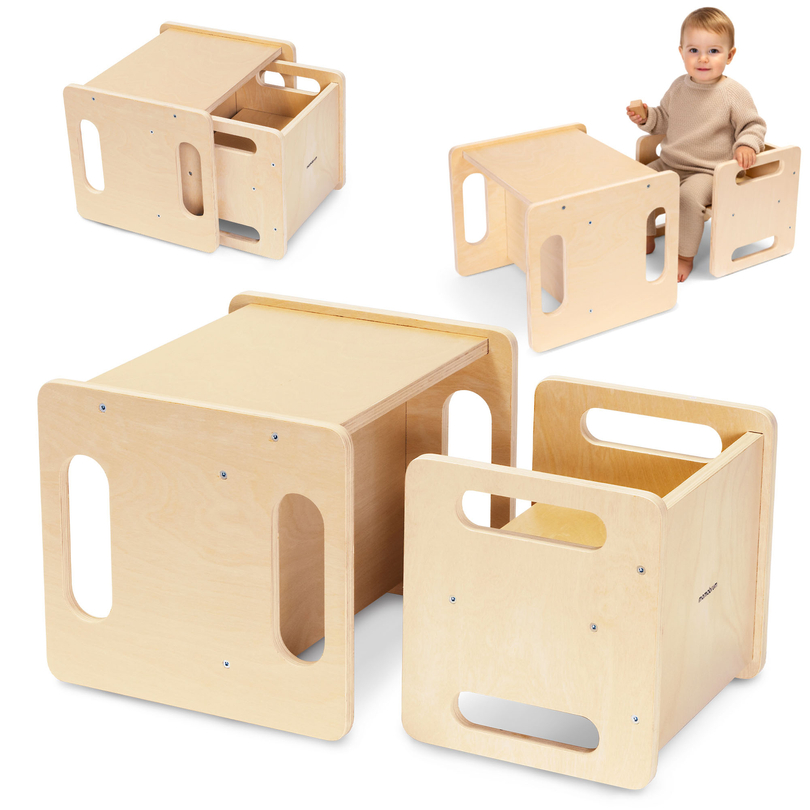 Træbord og stol med trædestensfunktion – et multifunktionelt Montessori-sæt til børn