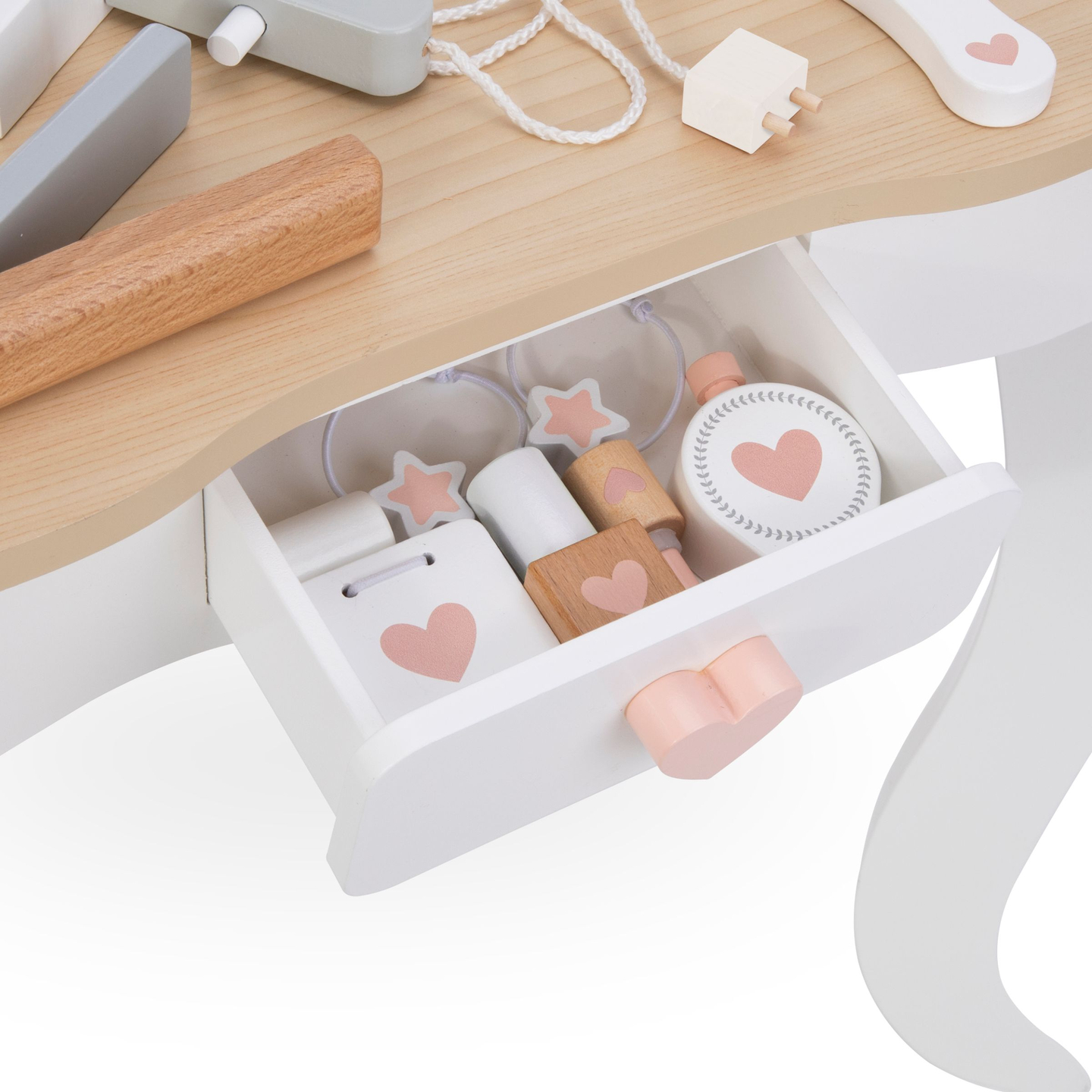 Toiletbord i træ med skammel og tilbehør