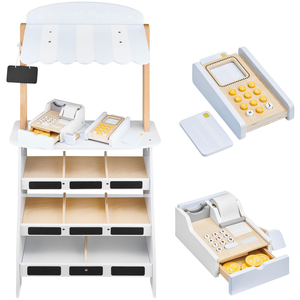 Grøntsagsbutik - træbod med kasser, kasseapparat og terminal 