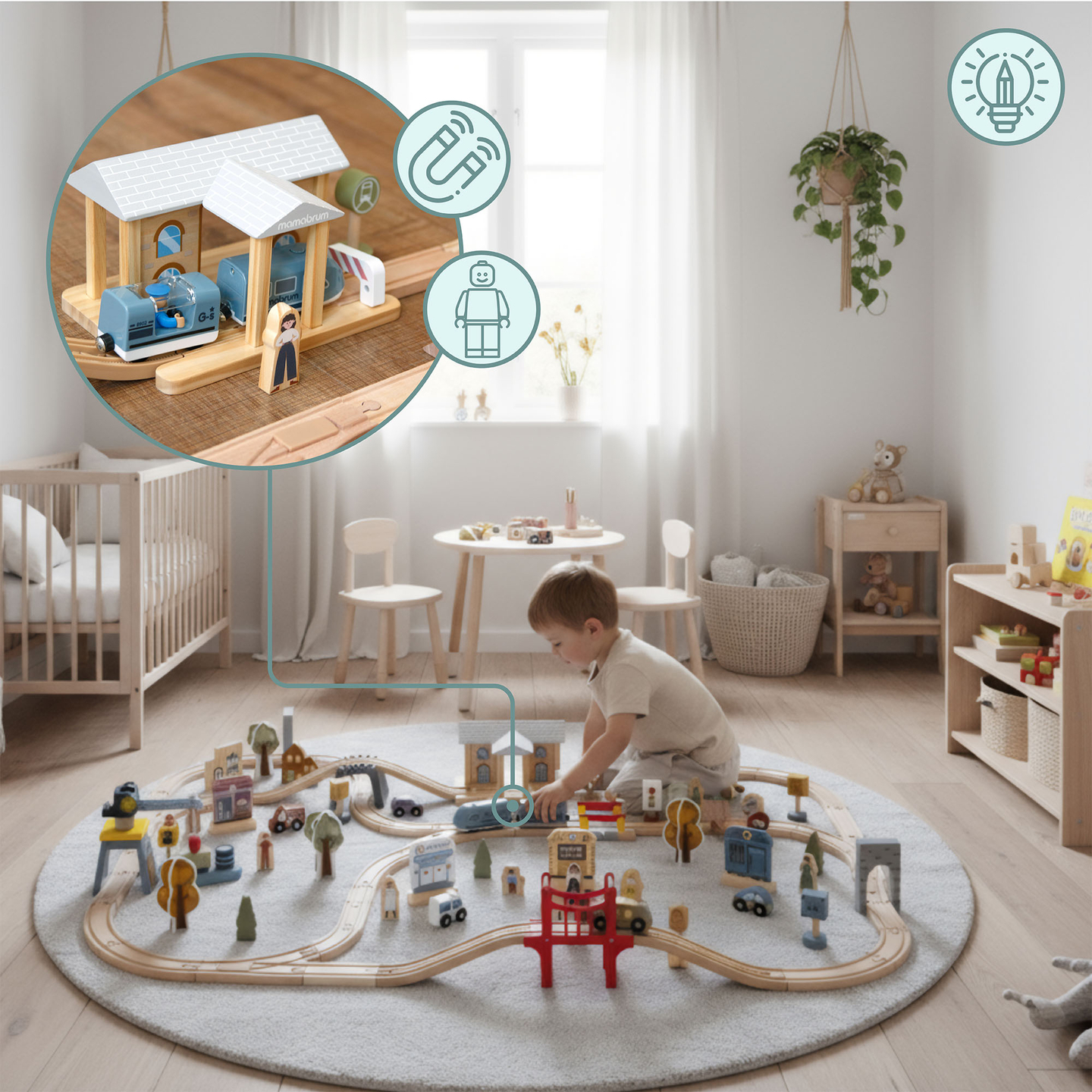 Træbane med elektrisk tog - flyttekran, skib, broer