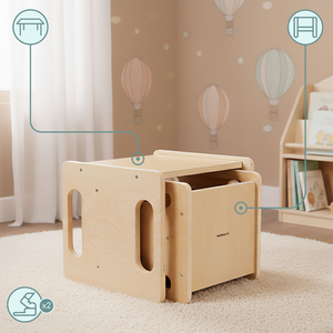 Træbord og stol med trædestensfunktion – et multifunktionelt Montessori-sæt til børn