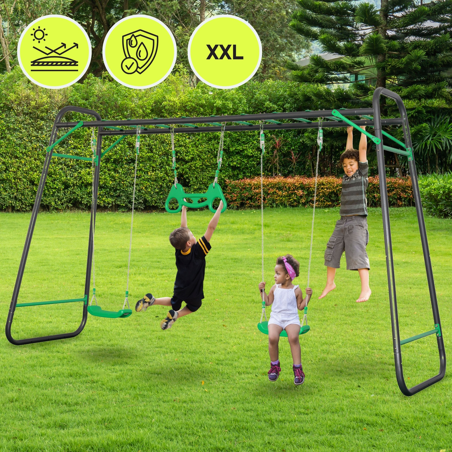 XXL havegynge i stål - 2 sæder, stige, gymnastiktrapez