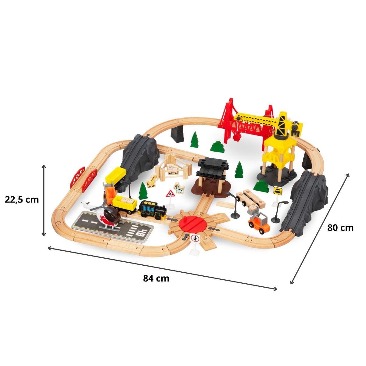 Træjernbane, batteridrevet tog - By: spor, biler, bro, lufthavn