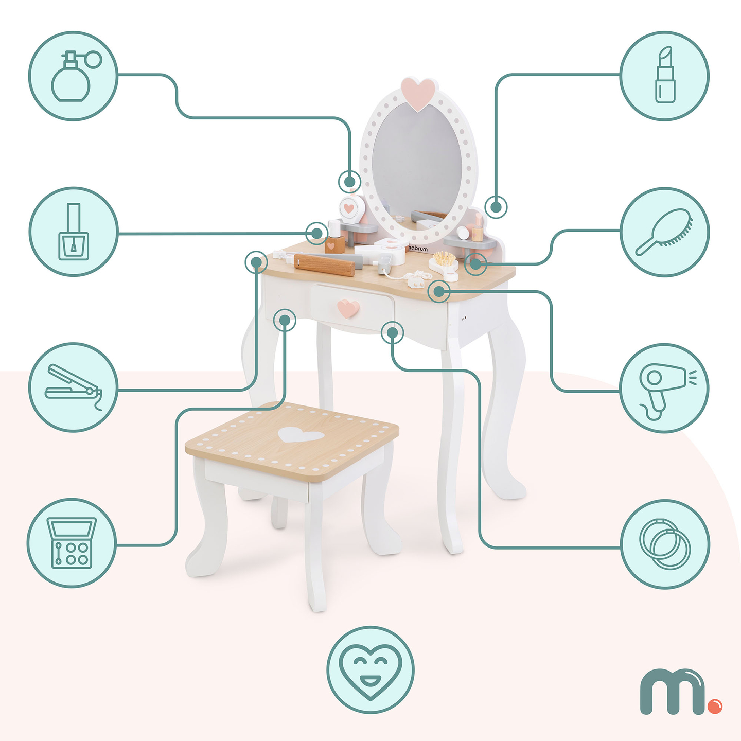 Toiletbord i træ med skammel og tilbehør