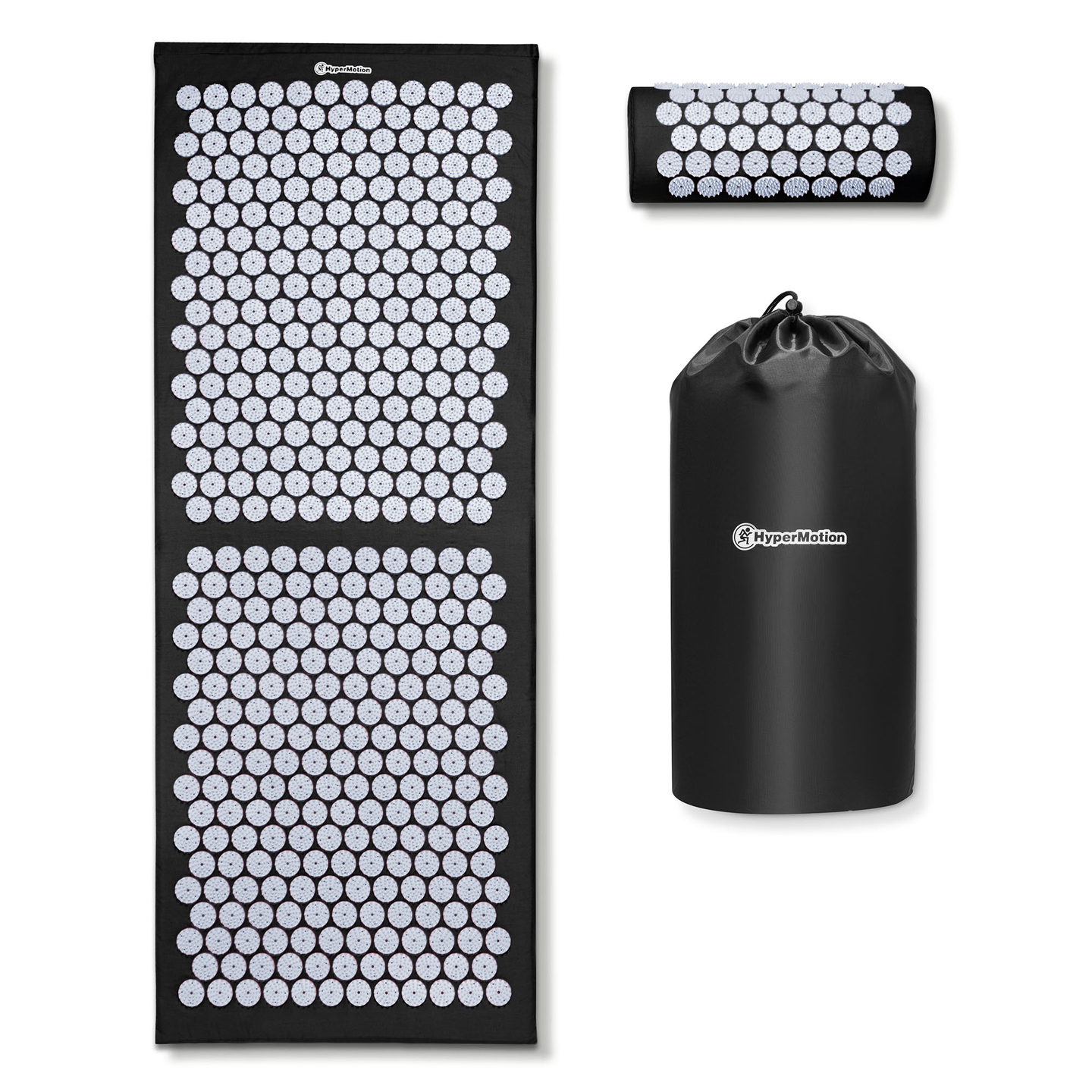 Stor akupressurmåtte med pude og betræk - 130 cm HyperMotion sort og hvid