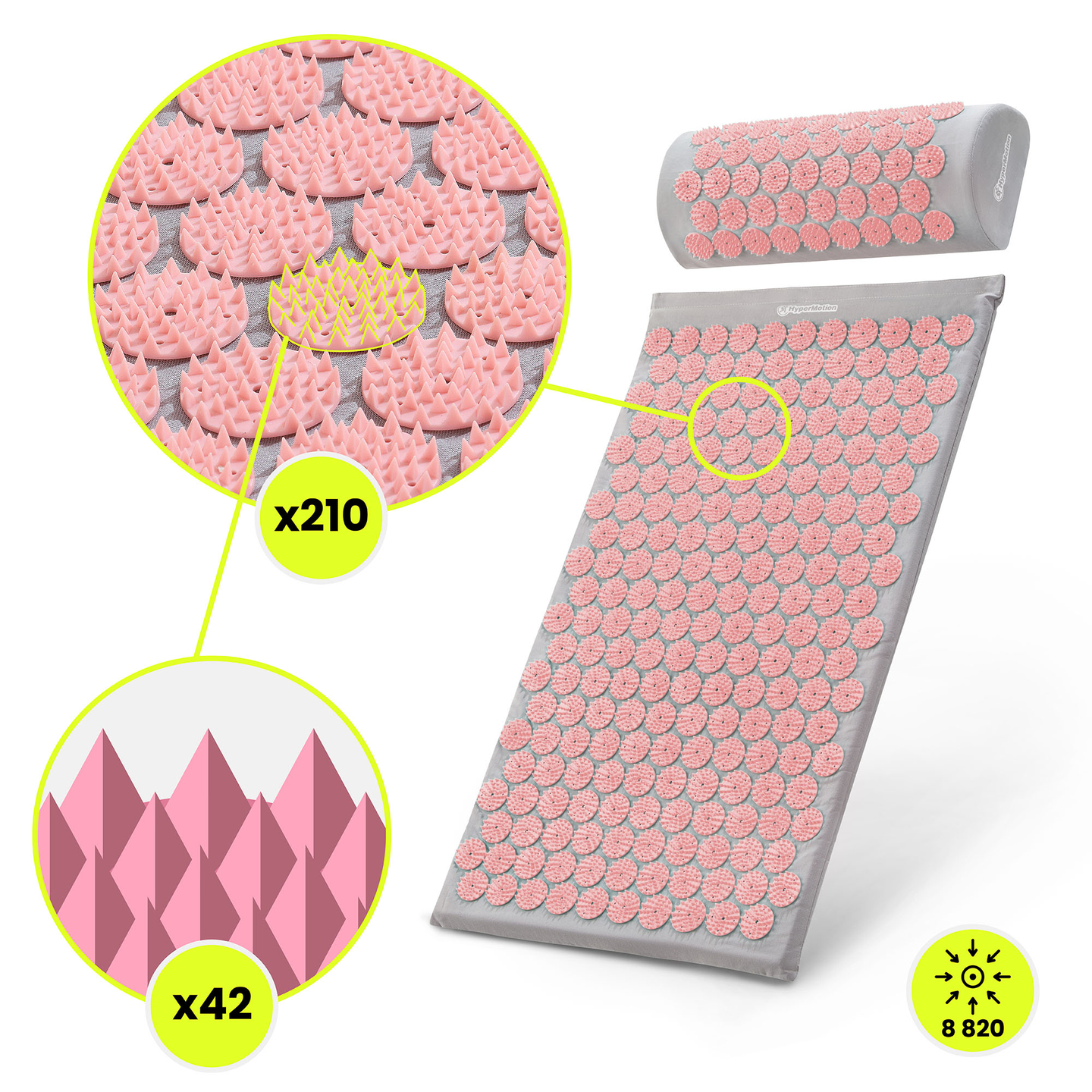 Akupressurmåtte med pude og betræk - 72 cm HyperMotion grå og pink