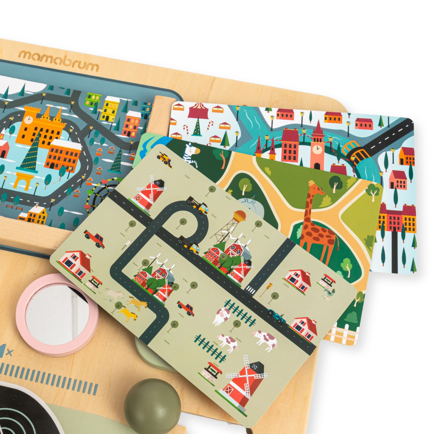 Træ Montessori-bræt 2 i 1 cockpit til den lille chauffør og pilot – rat, gearstang, rejsekort, radar