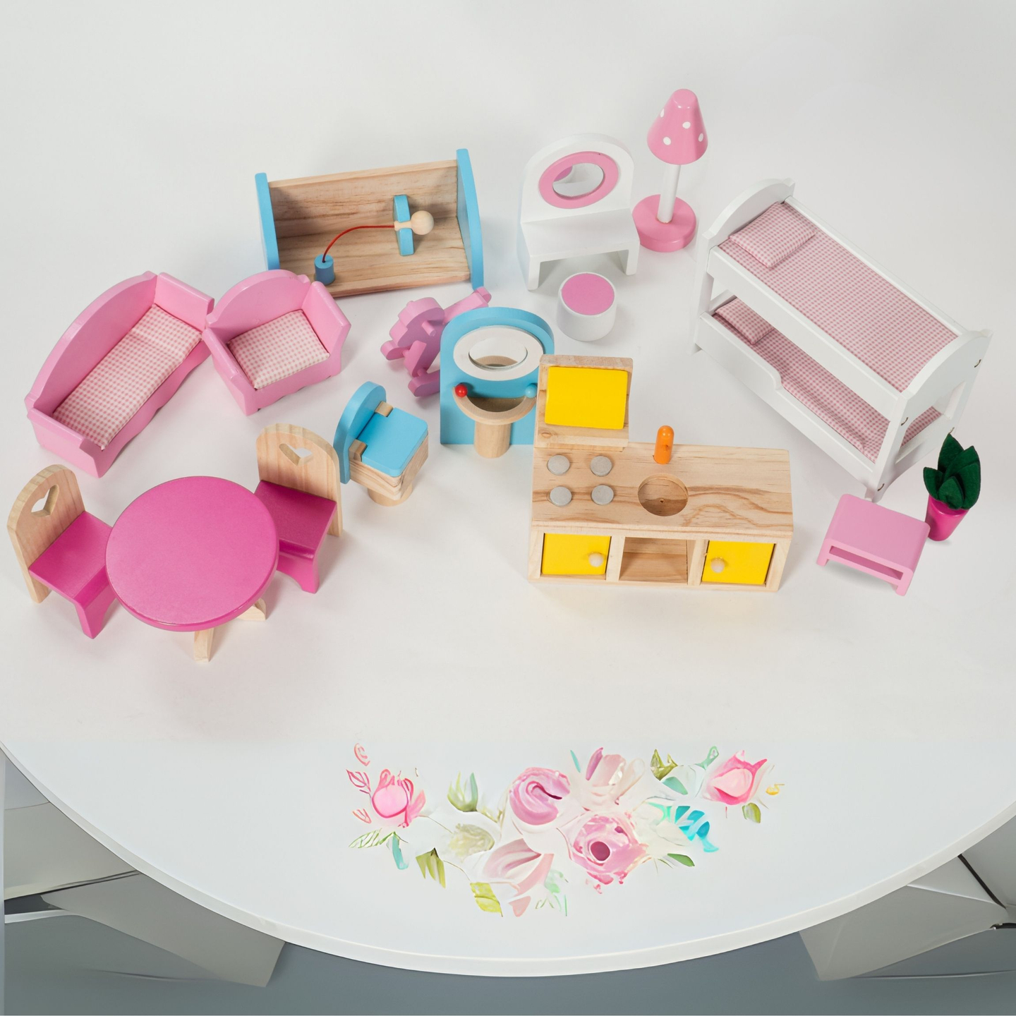 Stort dukkehus i træ med 3 etager, terrasse, møbelsæt og LED-belysning!