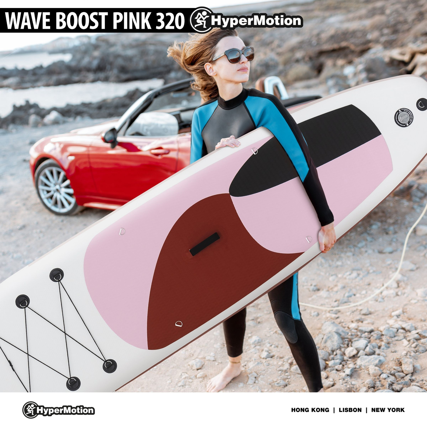 Oppustelig SUP Stand Up Paddle board 320cm med pagaj og sæde - HyperMotion WAVE BOOST PINK 320