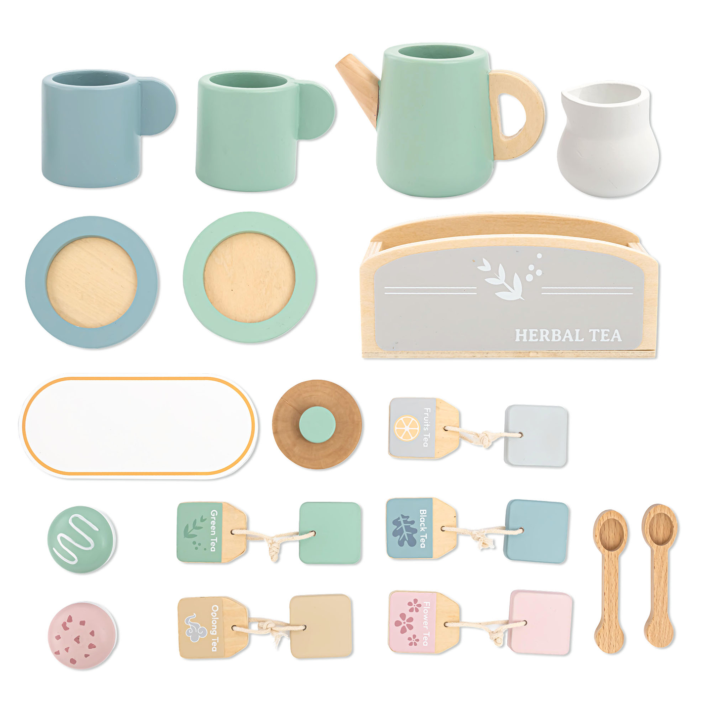 Stort tesæt i træ med bakke - 18 dele