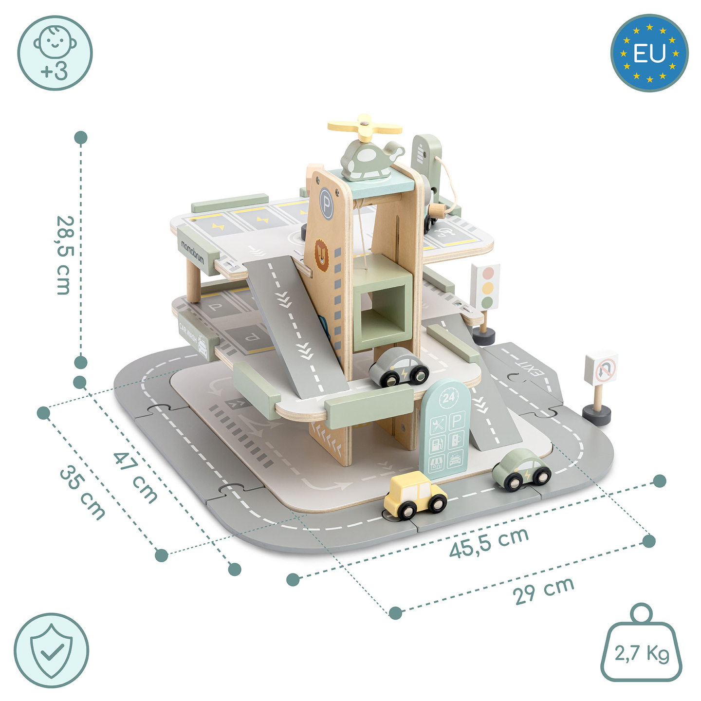 Trægarage i tre etager til børn med tilbehør – parkeringsplads, tankstation, bilvask, helikopter