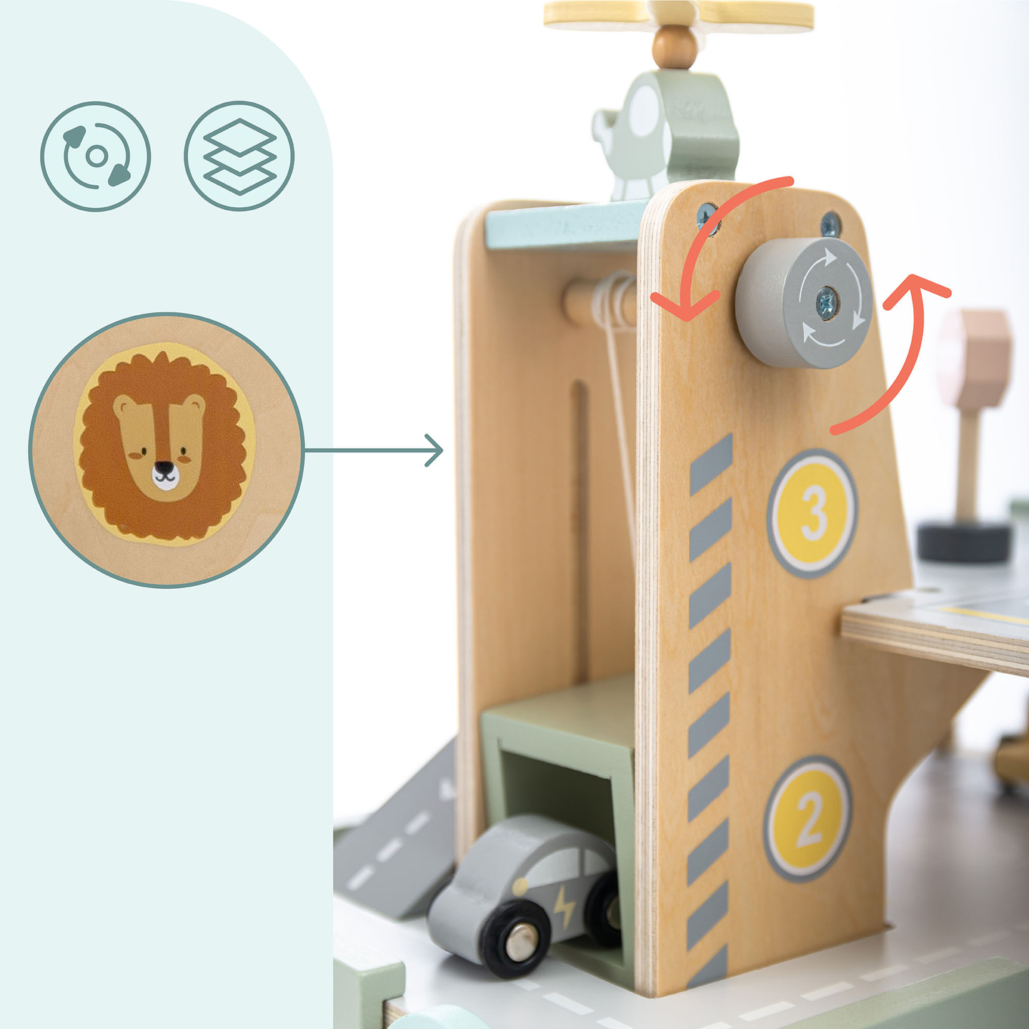 Trægarage i tre etager til børn med tilbehør – parkeringsplads, tankstation, bilvask, helikopter