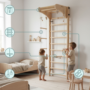 Trægymnastikstige til børn med tilbehør - en tallerkengynge, gymnastikringe og en rebstige