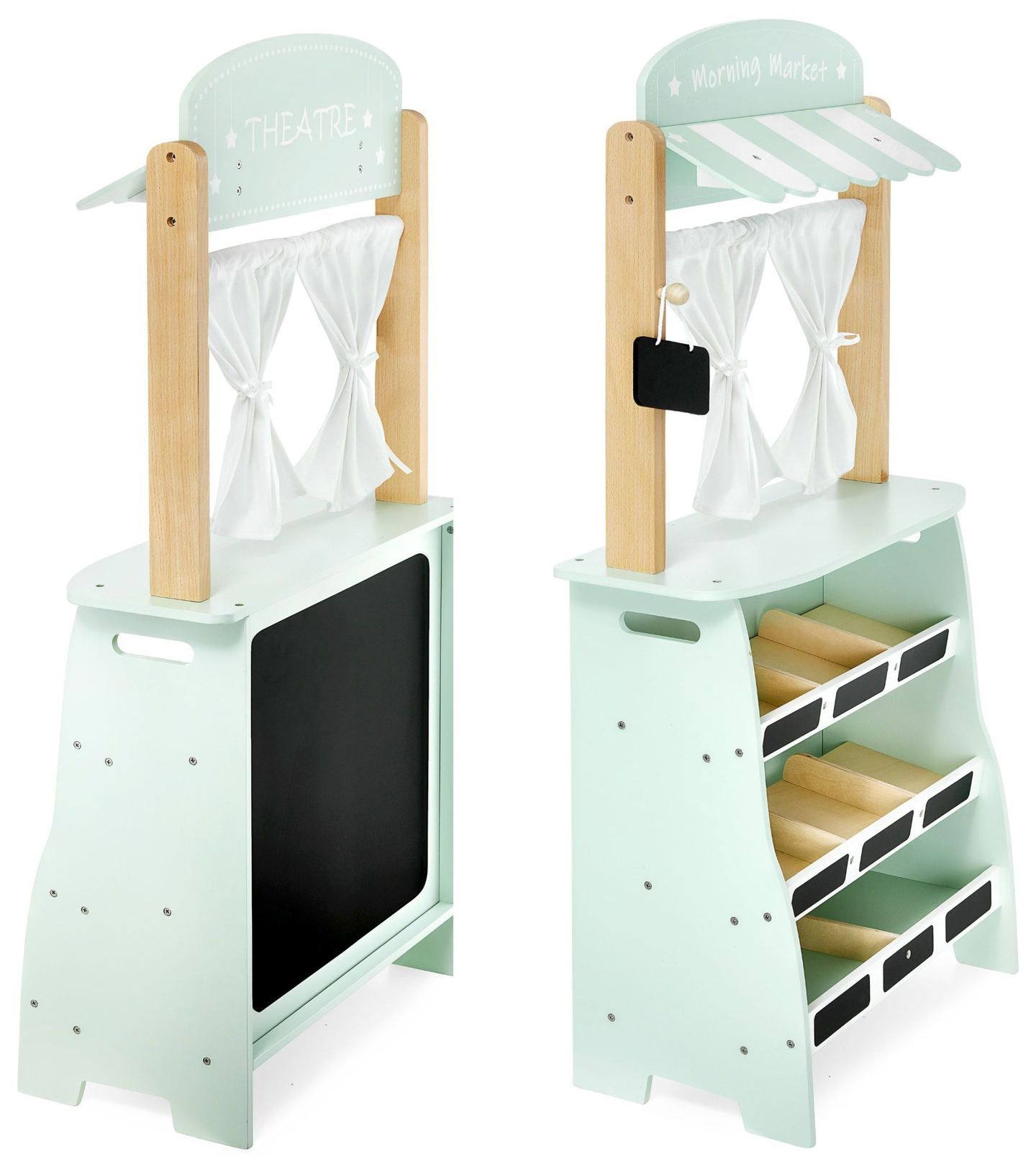 Stor træbutik - bod og teater 2 i 1 med vægt, betalingsterminal, frugt og grøntsager