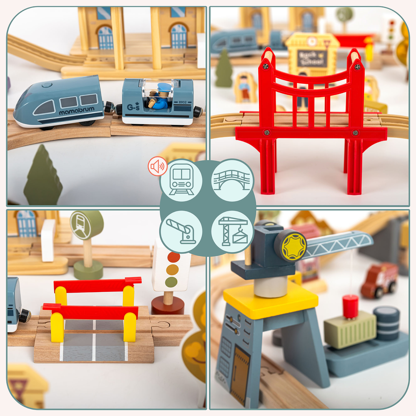 Træbane med elektrisk tog - flyttekran, skib, broer