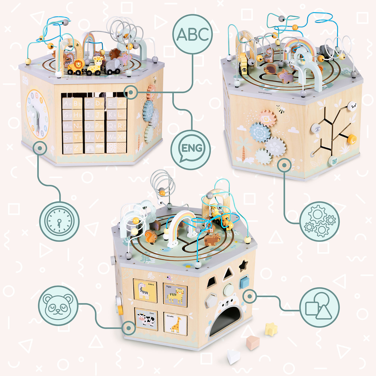 Stor træpædagogisk terning - et Montessori-legetøj med et magnetisk tog og motorløkker