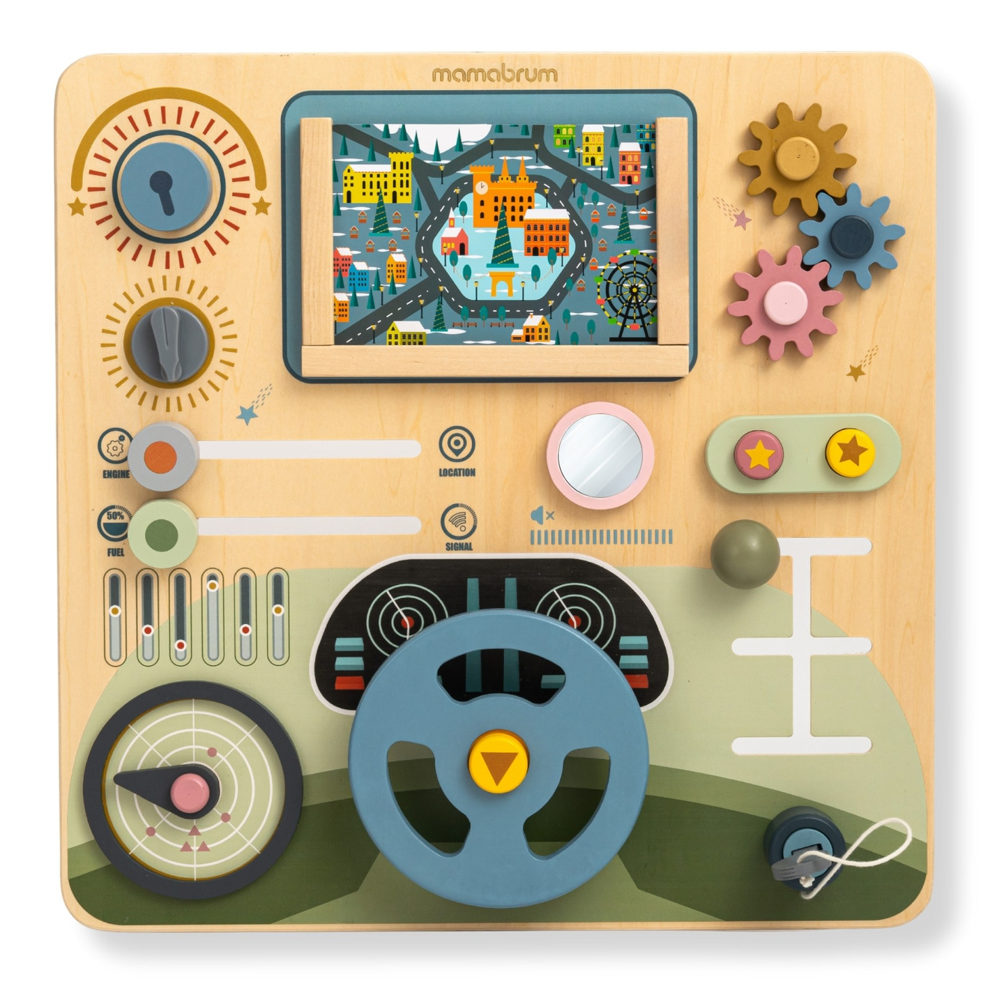 Træ Montessori-bræt 2 i 1 cockpit til den lille chauffør og pilot – rat, gearstang, rejsekort, radar