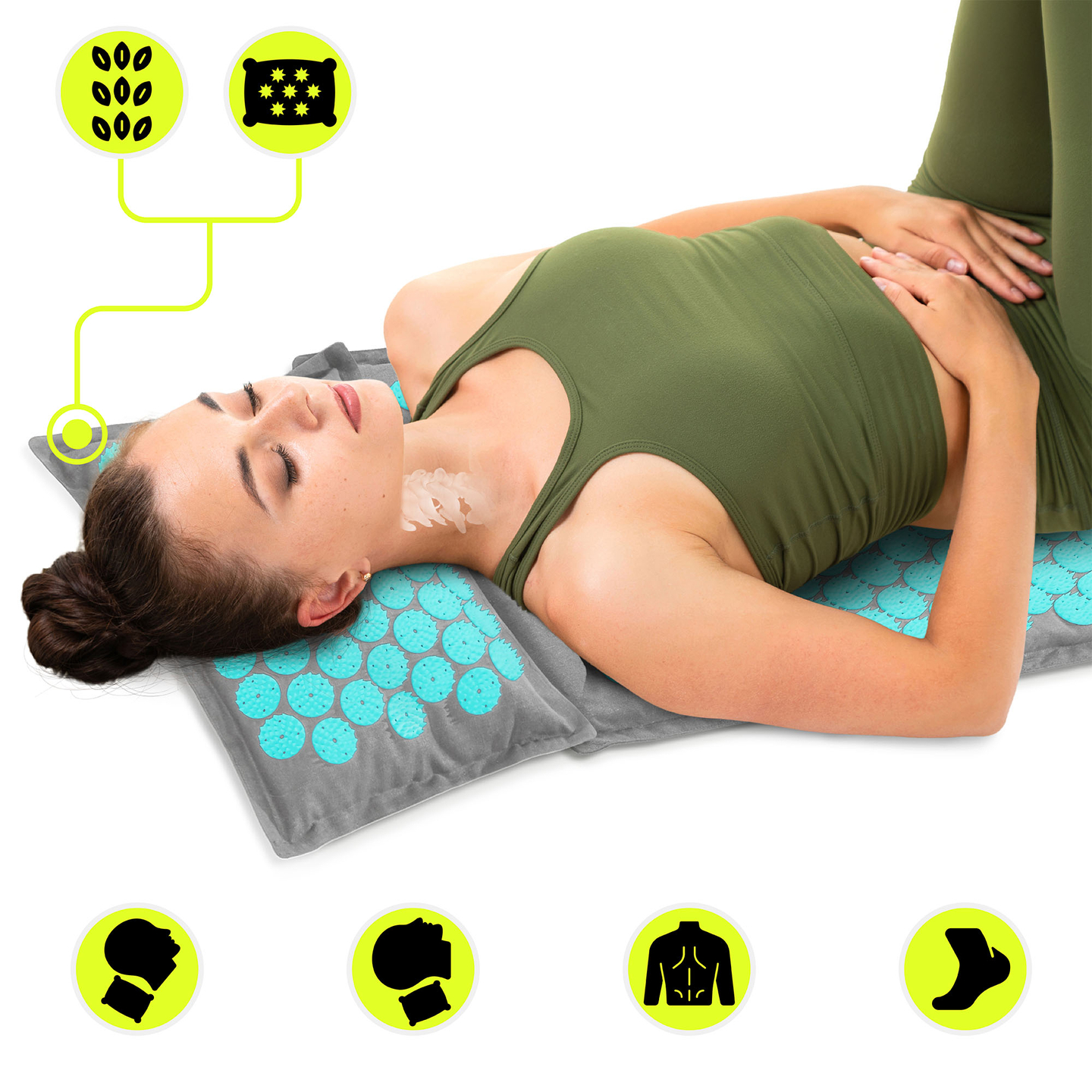 ECO akupressurmåtte i linned med kokosfibre og boghvedepude – 68 cm HyperMotion grå-mint