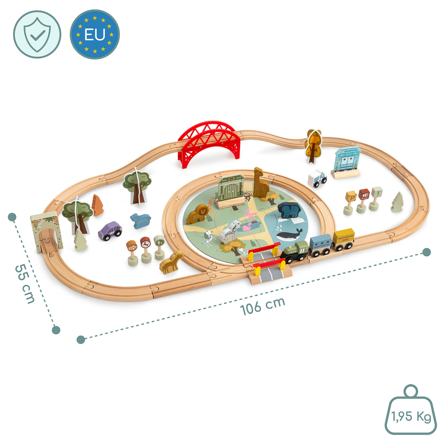 Trætog i ZOO – puslespil, tog, skinner, dyr, bro, barriere