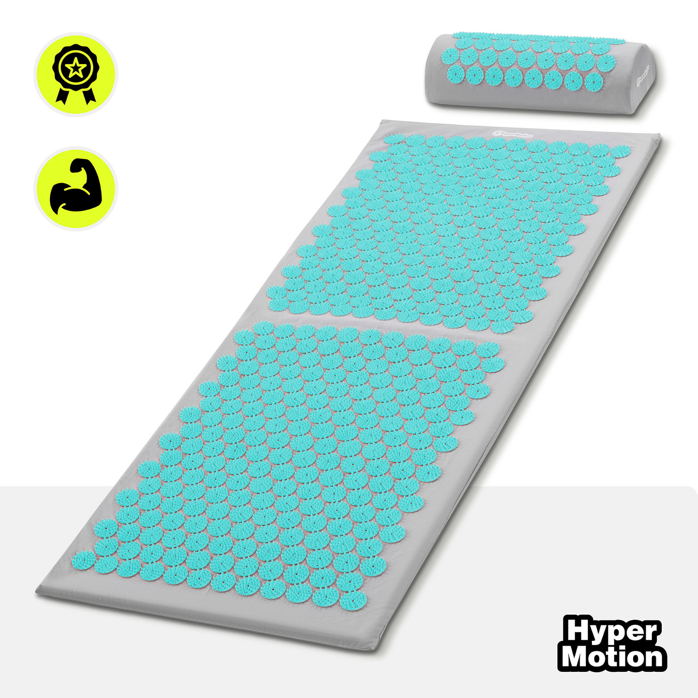 Stor akupressurmåtte med pude og betræk - 130 cm HyperMotion grå-mint