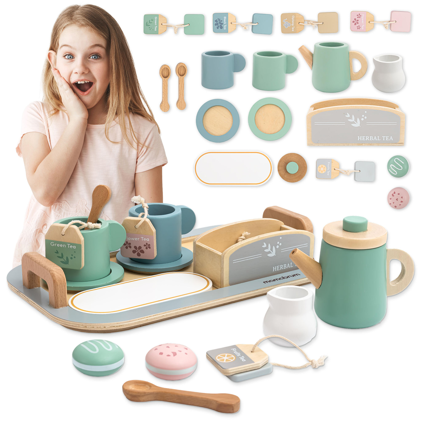 Stort tesæt i træ med bakke - 18 dele