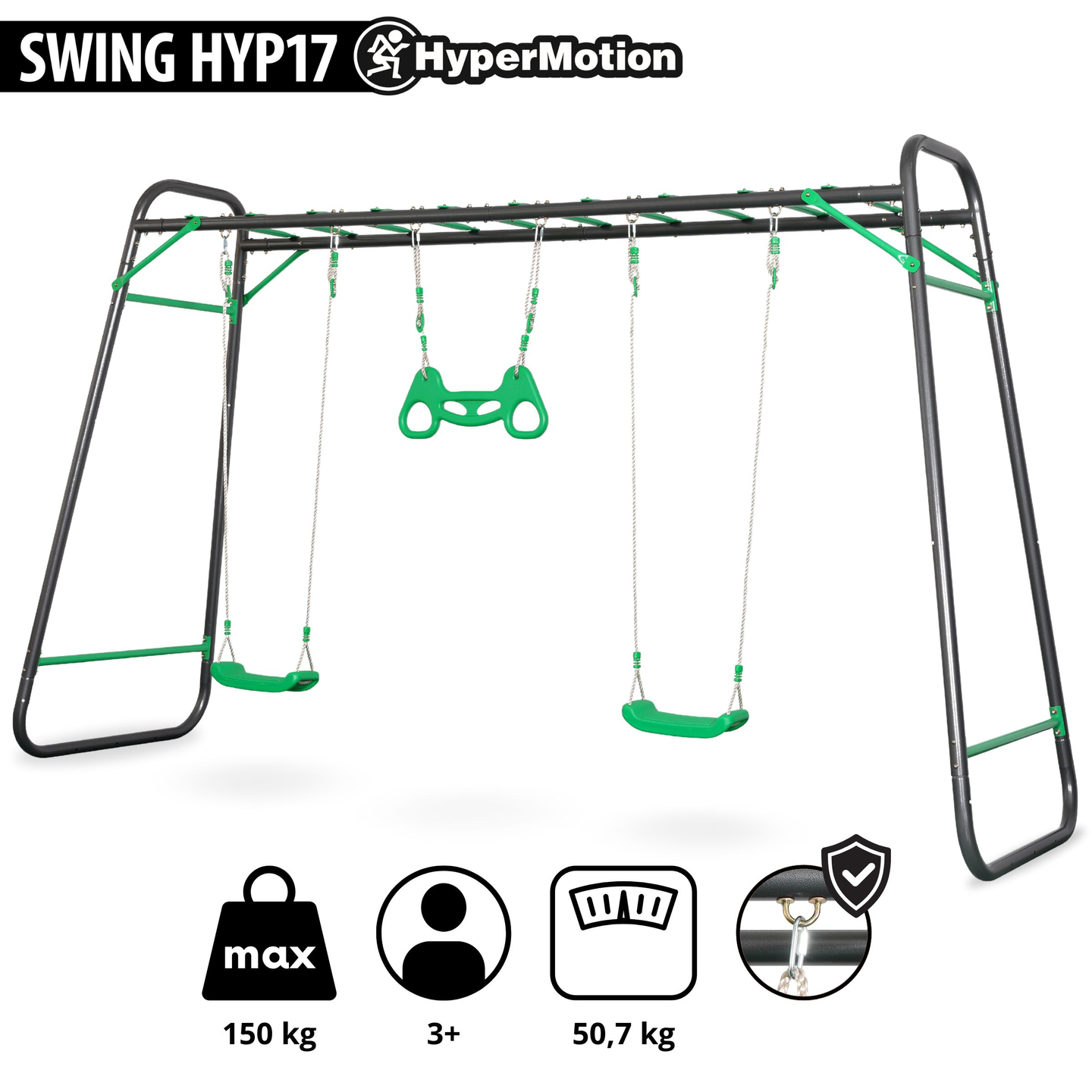 XXL havegynge i stål - 2 sæder, stige, gymnastiktrapez