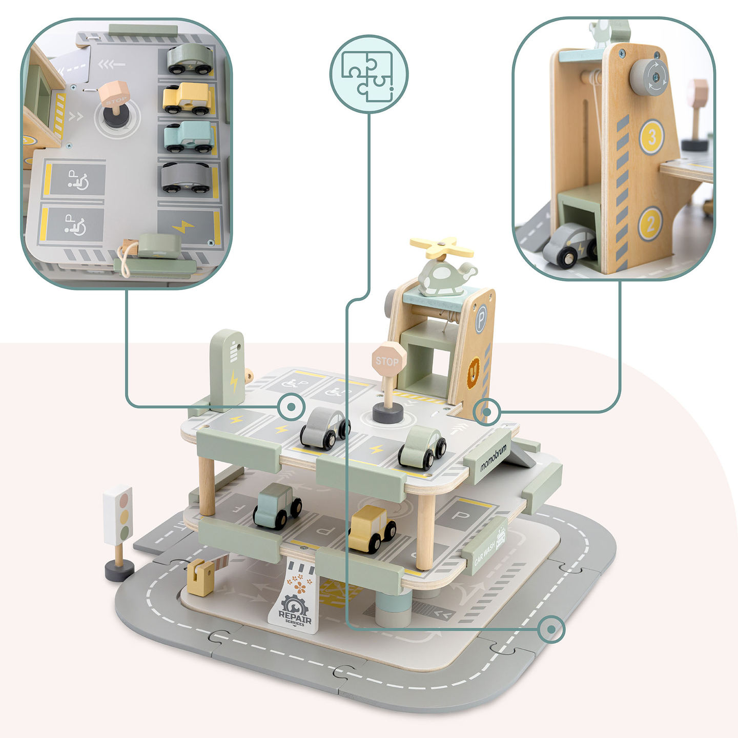 Trægarage i tre etager til børn med tilbehør – parkeringsplads, tankstation, bilvask, helikopter