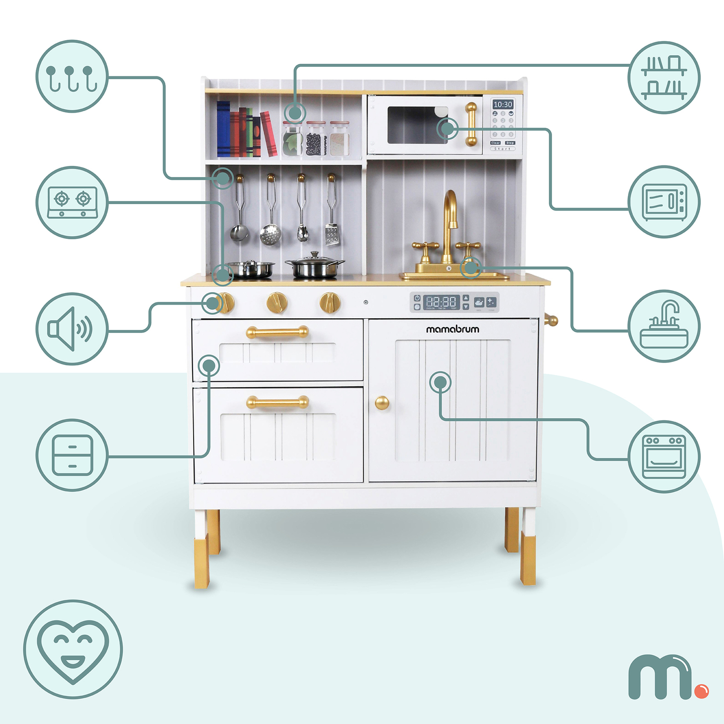 Hvidt køkken i træ med tilbehør og forklæde