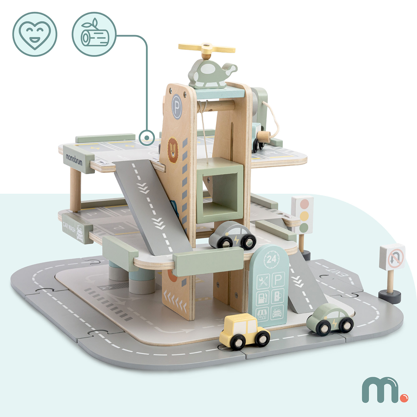 Trægarage i tre etager til børn med tilbehør – parkeringsplads, tankstation, bilvask, helikopter