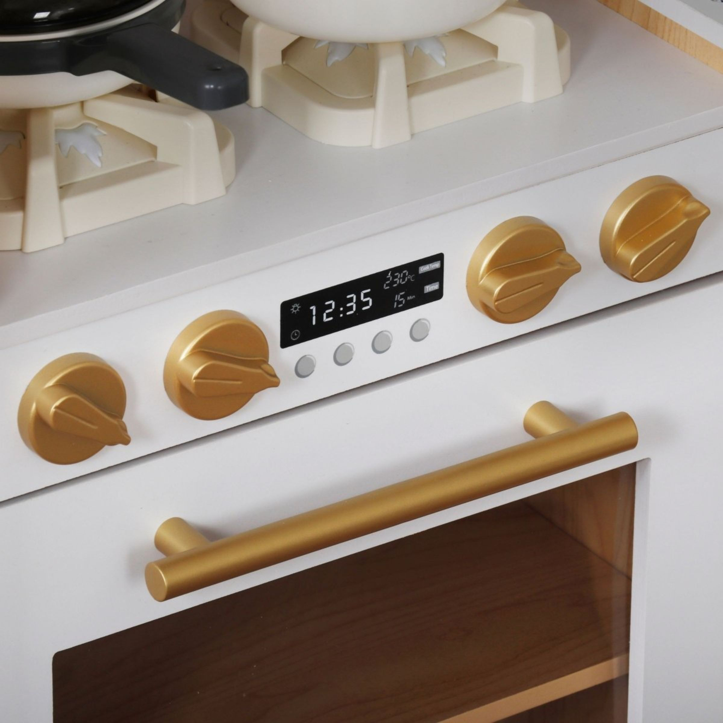 XXXXL stort interaktivt køkken i træ med LED-belysning, vaskemaskine, mikrobølgeovn, kaffemaskine og frugt- og grøntsagssæt - 50 elementer