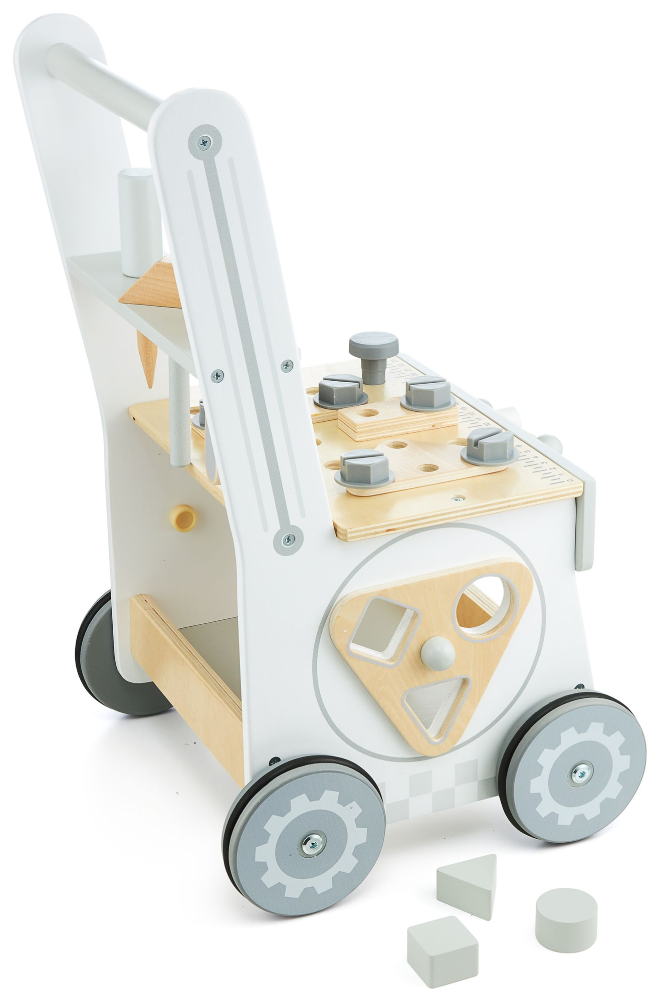 3-i-1 gåvogn, skubber + værksted i træ - 47 elementer