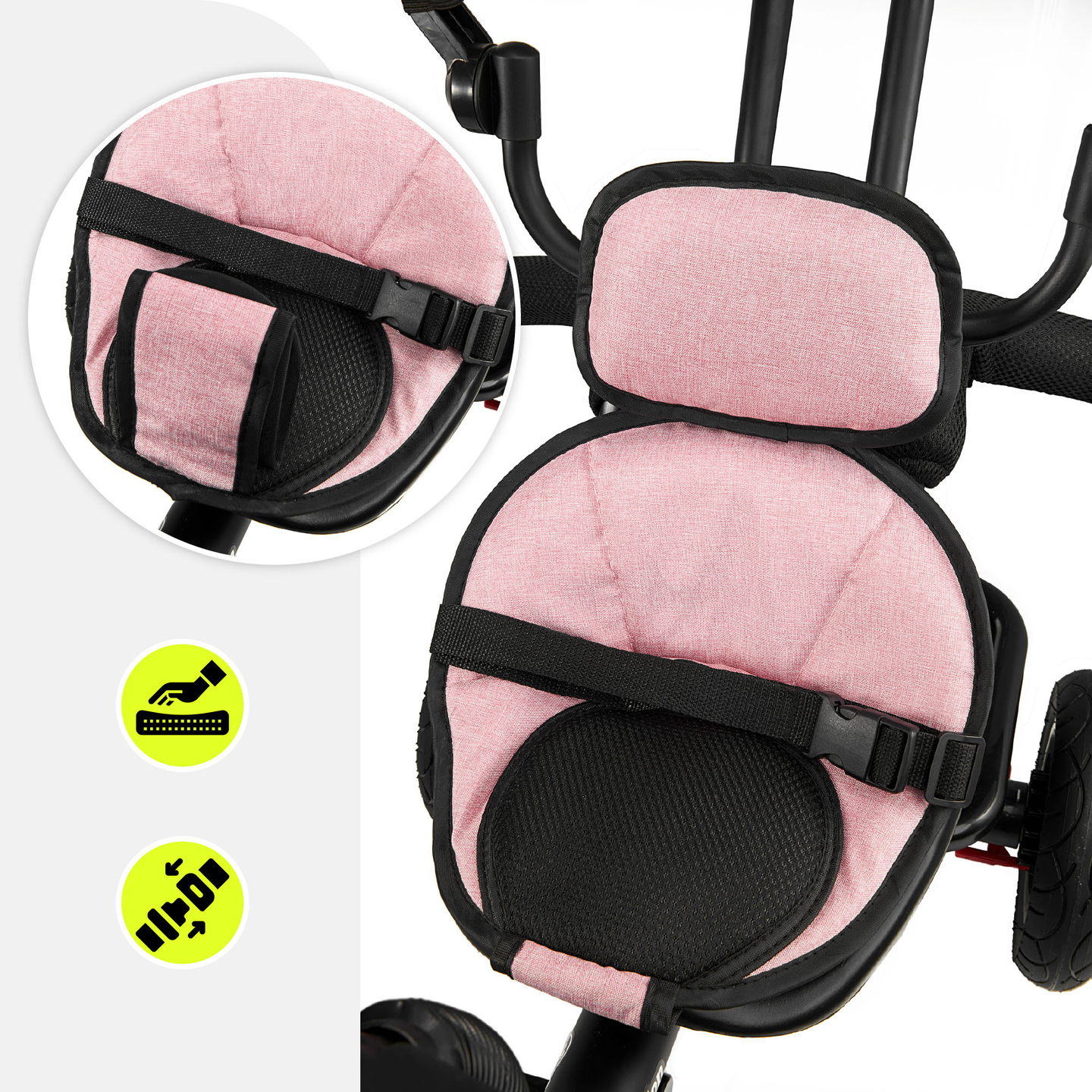 Trehjulet cykel til børn 1-4 år - TOBI FREY - lyserød farve - drejelig - pumpede hjul + skubber