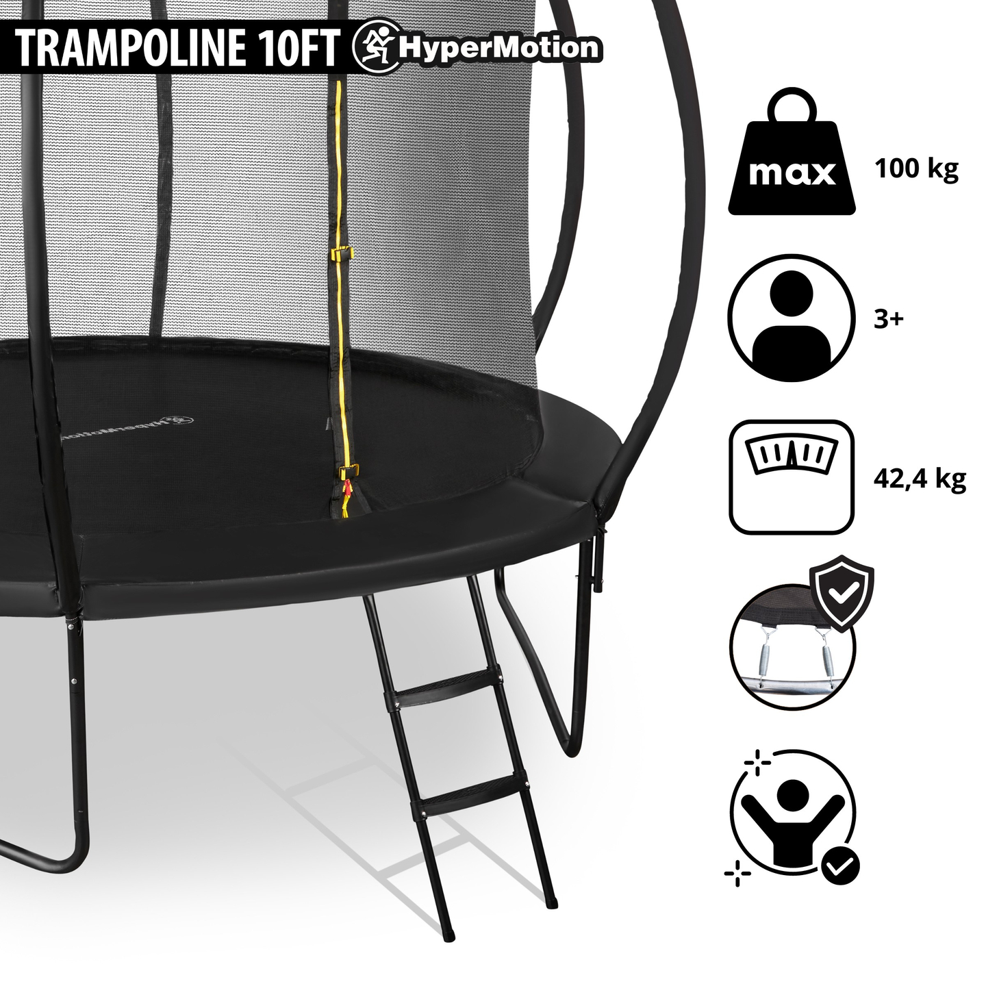 HyperMotion børne XL havetrampolin - 305 cm 10FT - med stige og indvendigt net - til hjem og have