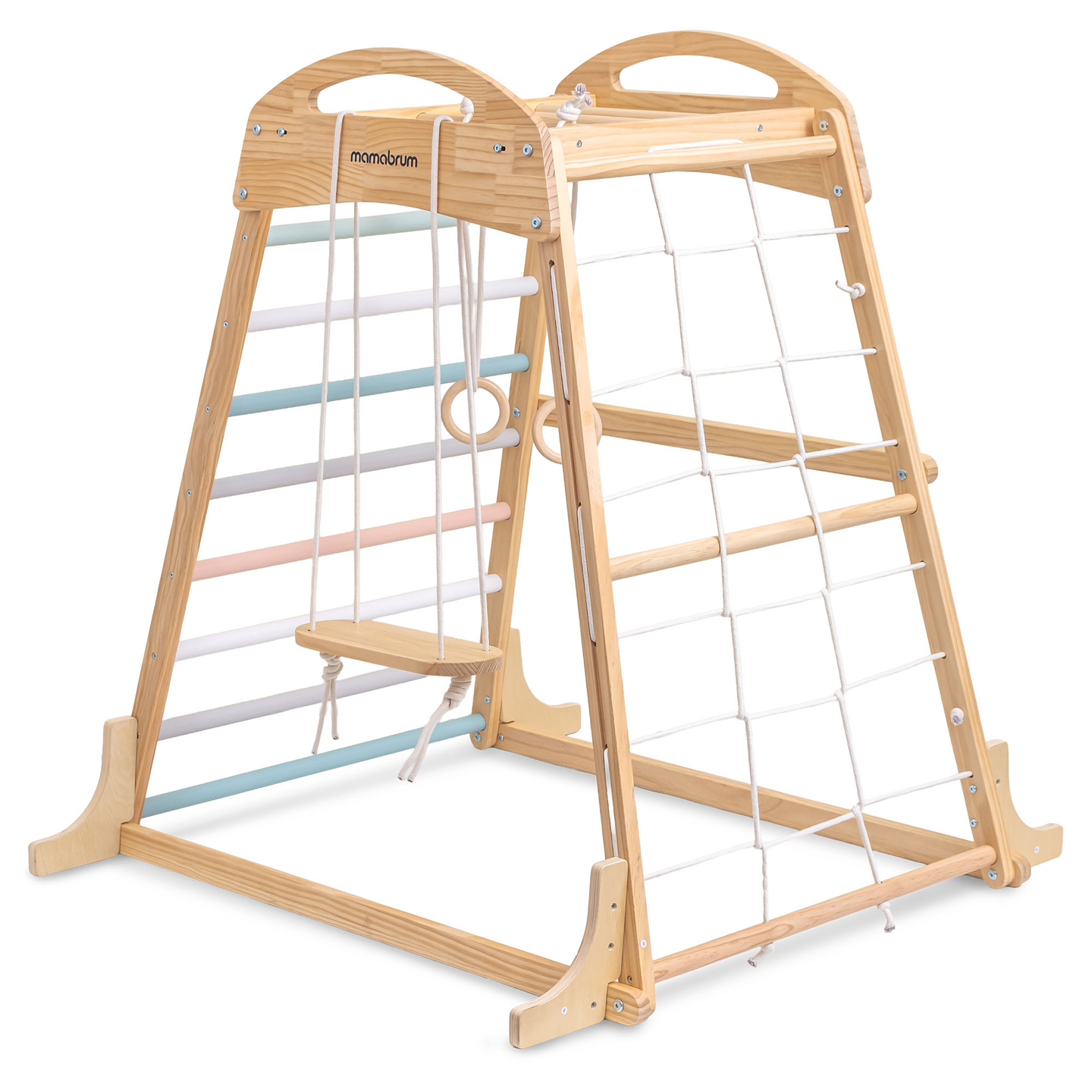 Indendørs legeplads i træ med gynge, gymnastikringe og klatrenet