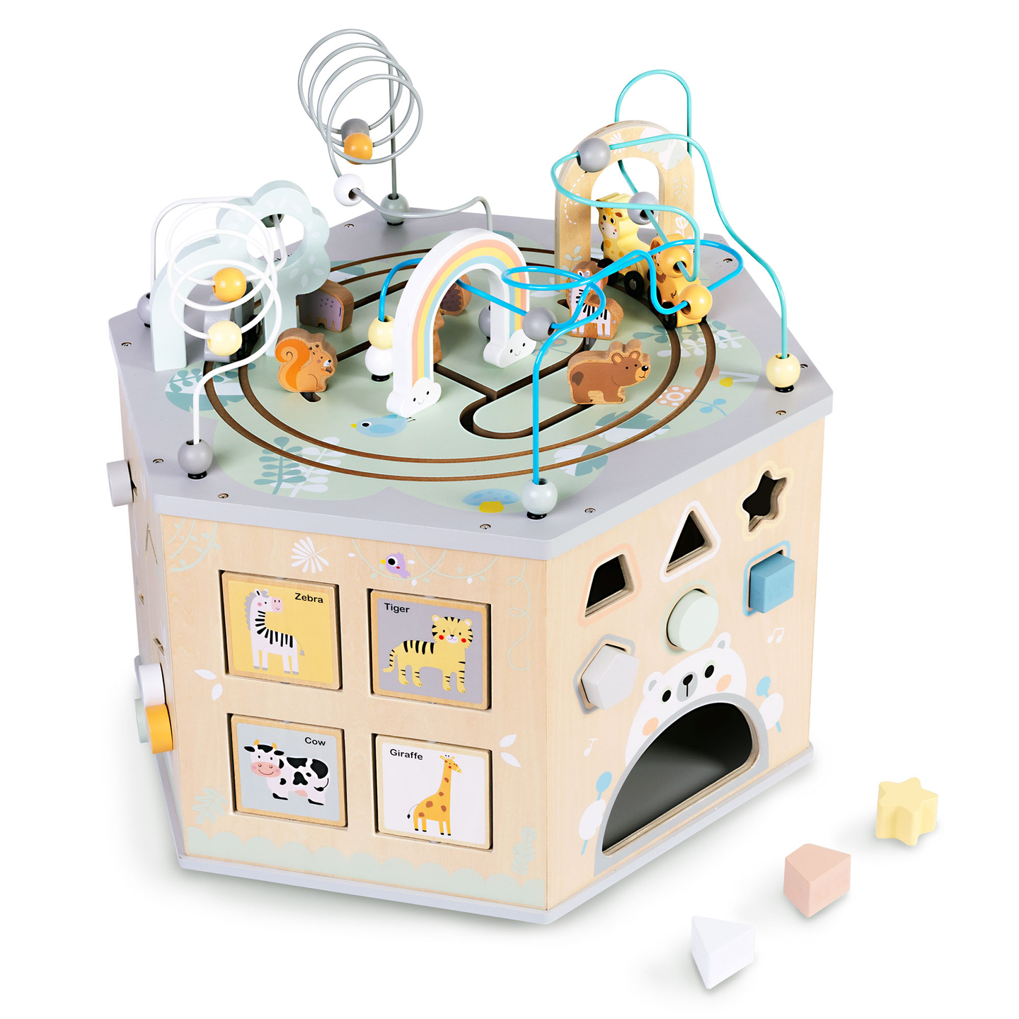 Stor træpædagogisk terning - et Montessori-legetøj med et magnetisk tog og motorløkker