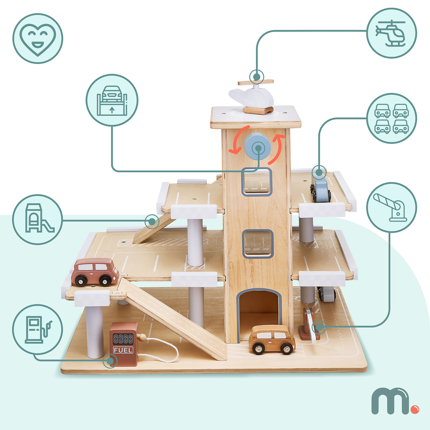 Træparkering i tre etager med elevator - garage med biler og helikopter