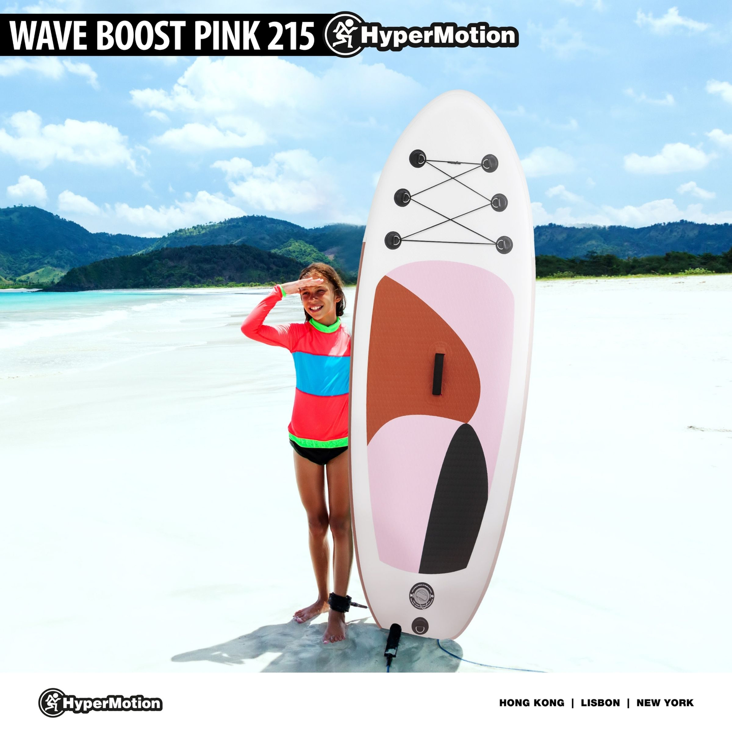 Oppustelig SUP-bræt til børn Stand Up Paddle 215cm med pagaj - HyperMotion WAVE BOOST PINK 215