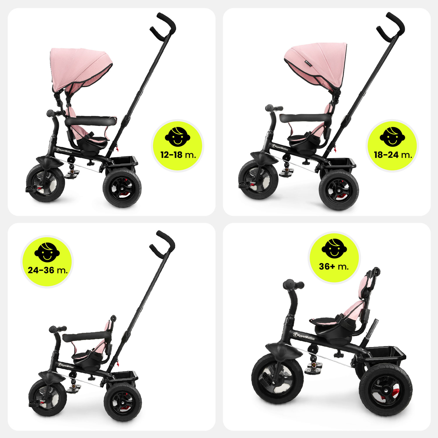 Trehjulet cykel til børn 1-4 år - TOBI FREY - lyserød farve - drejelig - pumpede hjul + skubber