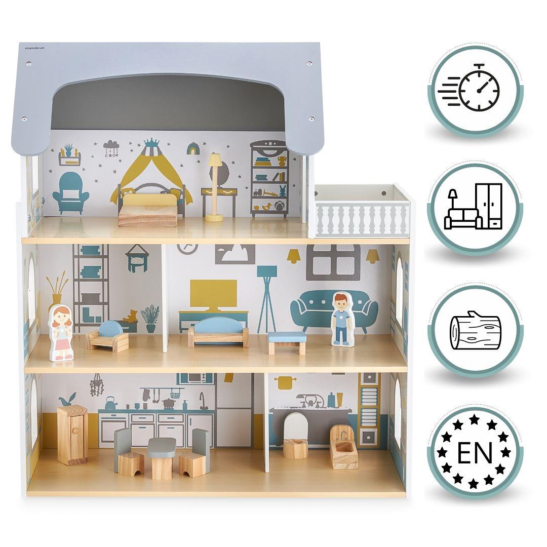 Hvidt dukkehus i træ med terrasse og tilbehør