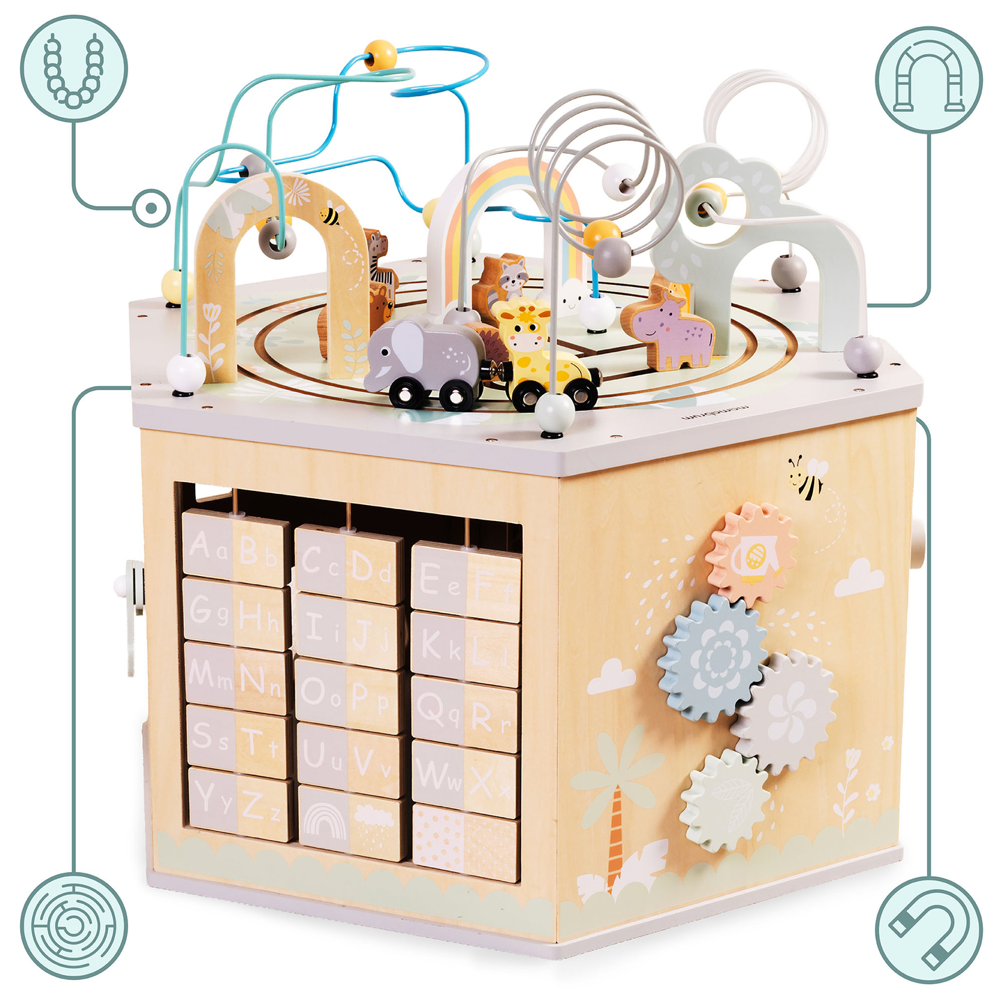 Stor træpædagogisk terning - et Montessori-legetøj med et magnetisk tog og motorløkker