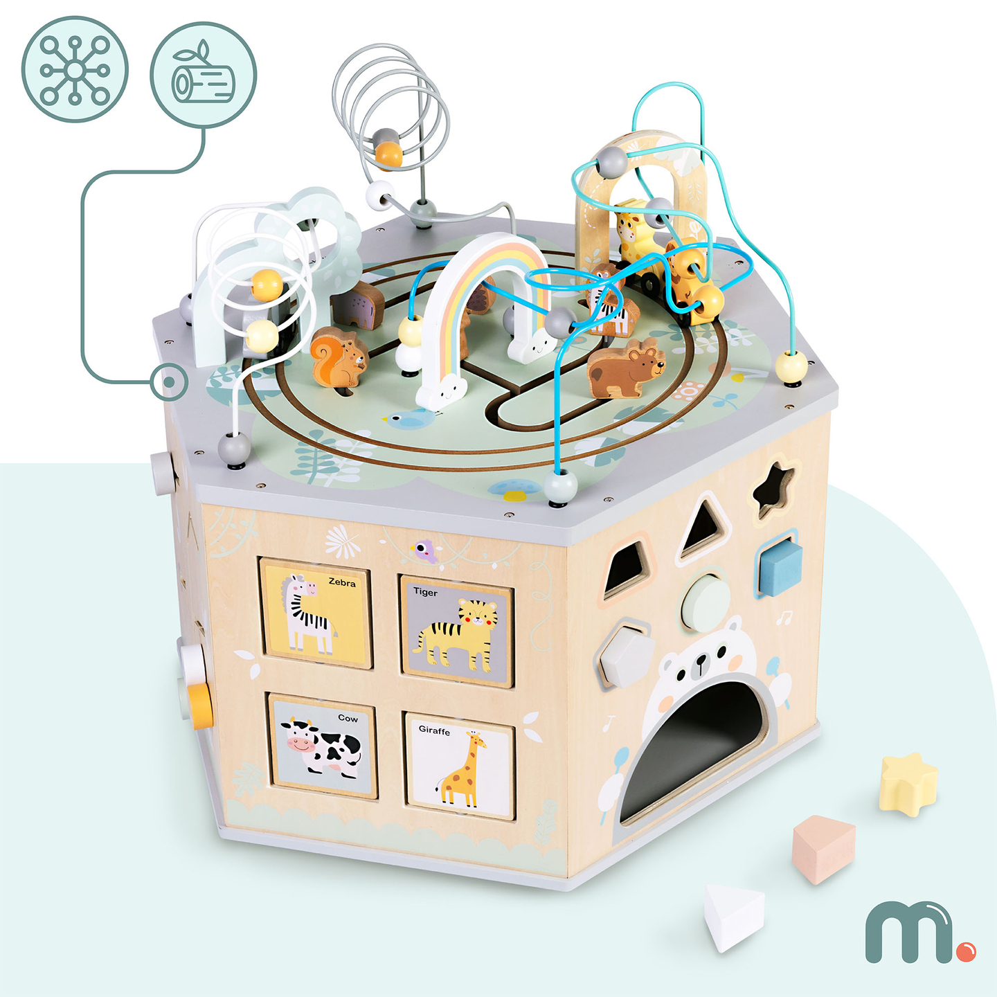 Stor træpædagogisk terning - et Montessori-legetøj med et magnetisk tog og motorløkker