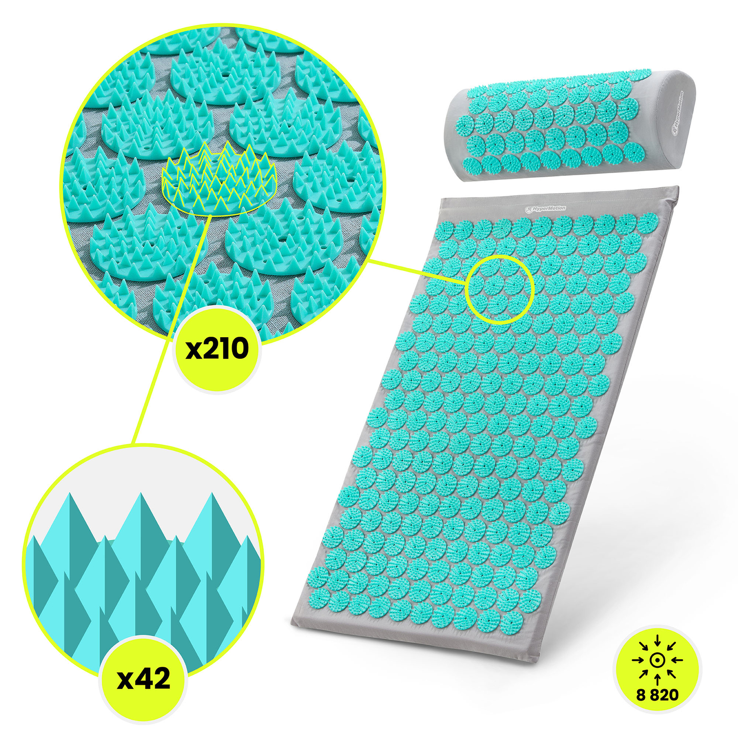 Akupressurmåtte med pude og betræk - 72 cm HyperMotion grå-mint