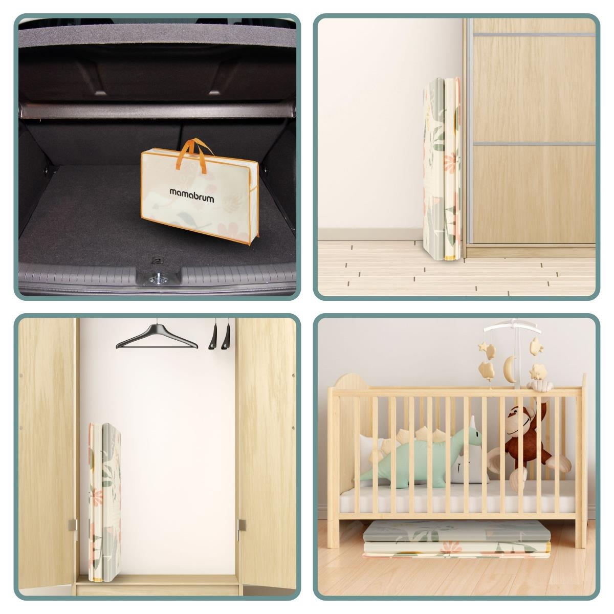 Dobbeltsidet foldbar skummåtte 180 x 120 x 1 cm - Exotic Elephants/Delicate Grey