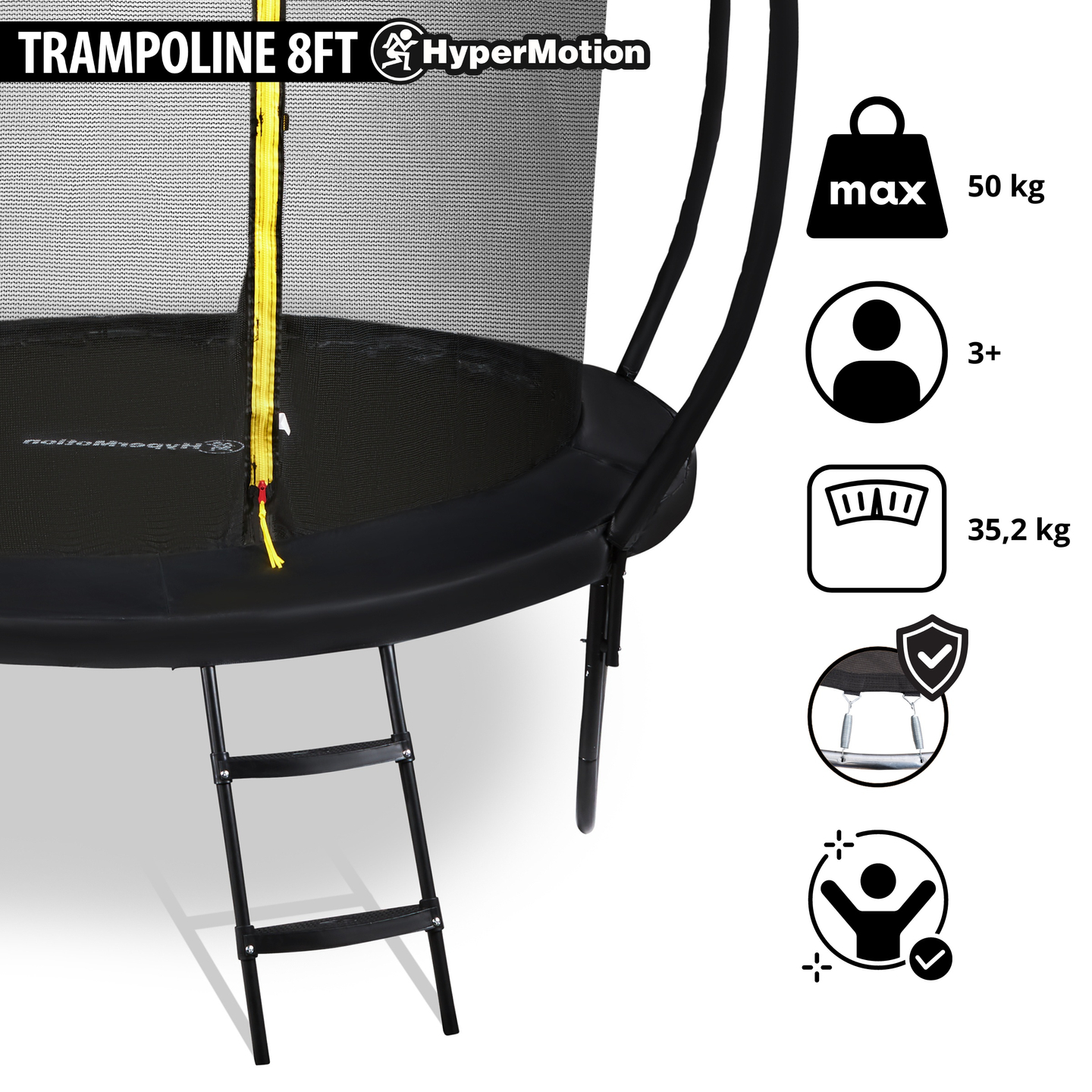HyperMotion børnehavetrampolin - 244 cm 8FT - med stige og indvendigt net - til hjem og have