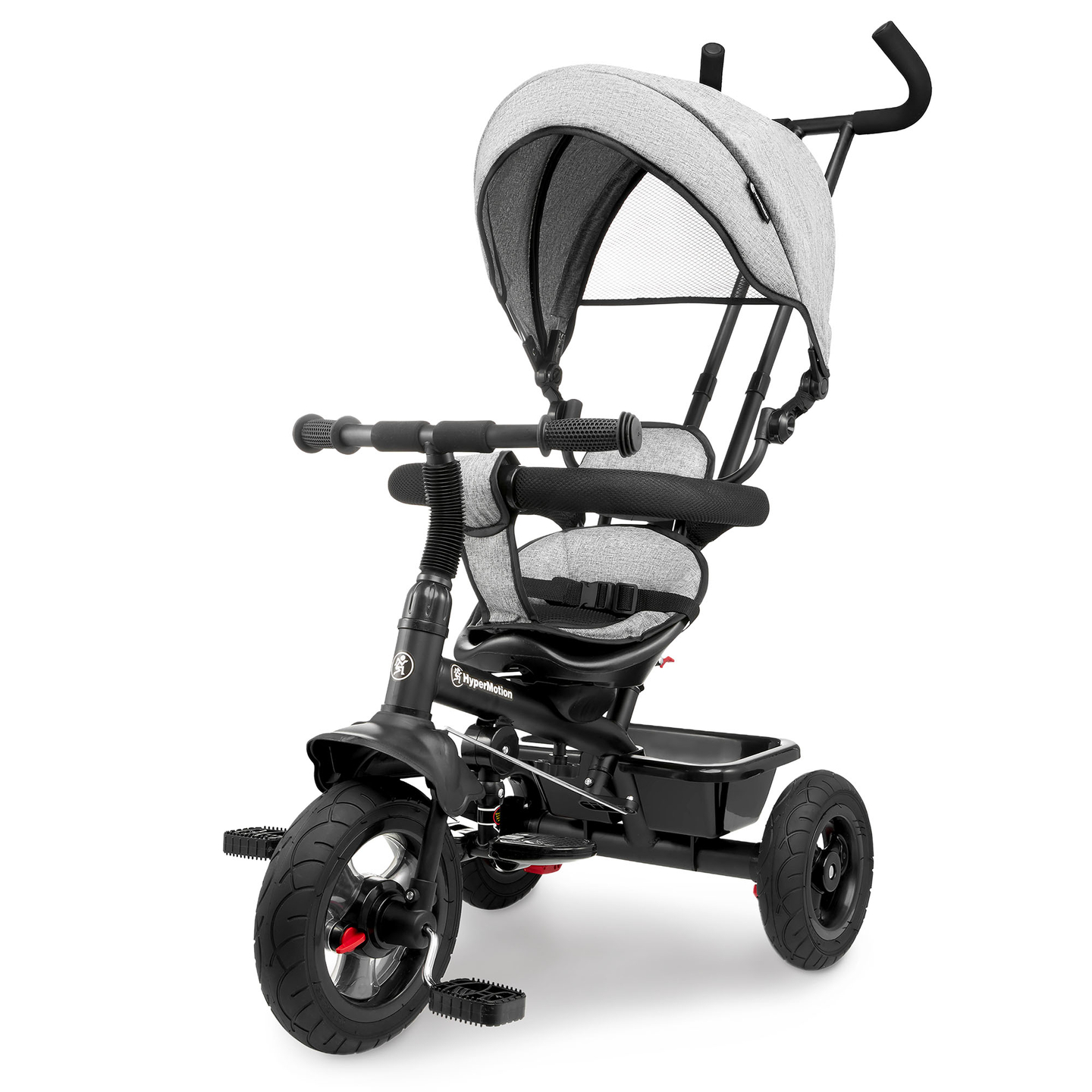 Trehjulet cykel til børn 1-4 år - TOBI FREY - grå farve - drejelig - pumpede hjul + skubber