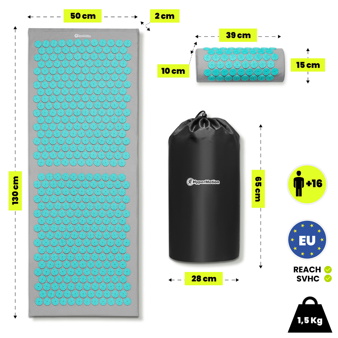 Stor akupressurmåtte med pude og betræk - 130 cm HyperMotion grå-mint