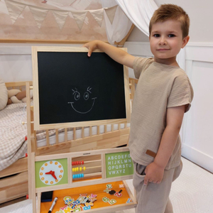 Stor pædagogisk dobbeltsidet tavle: magnetisk og kridttavle - tavle til tør udviskning, træ