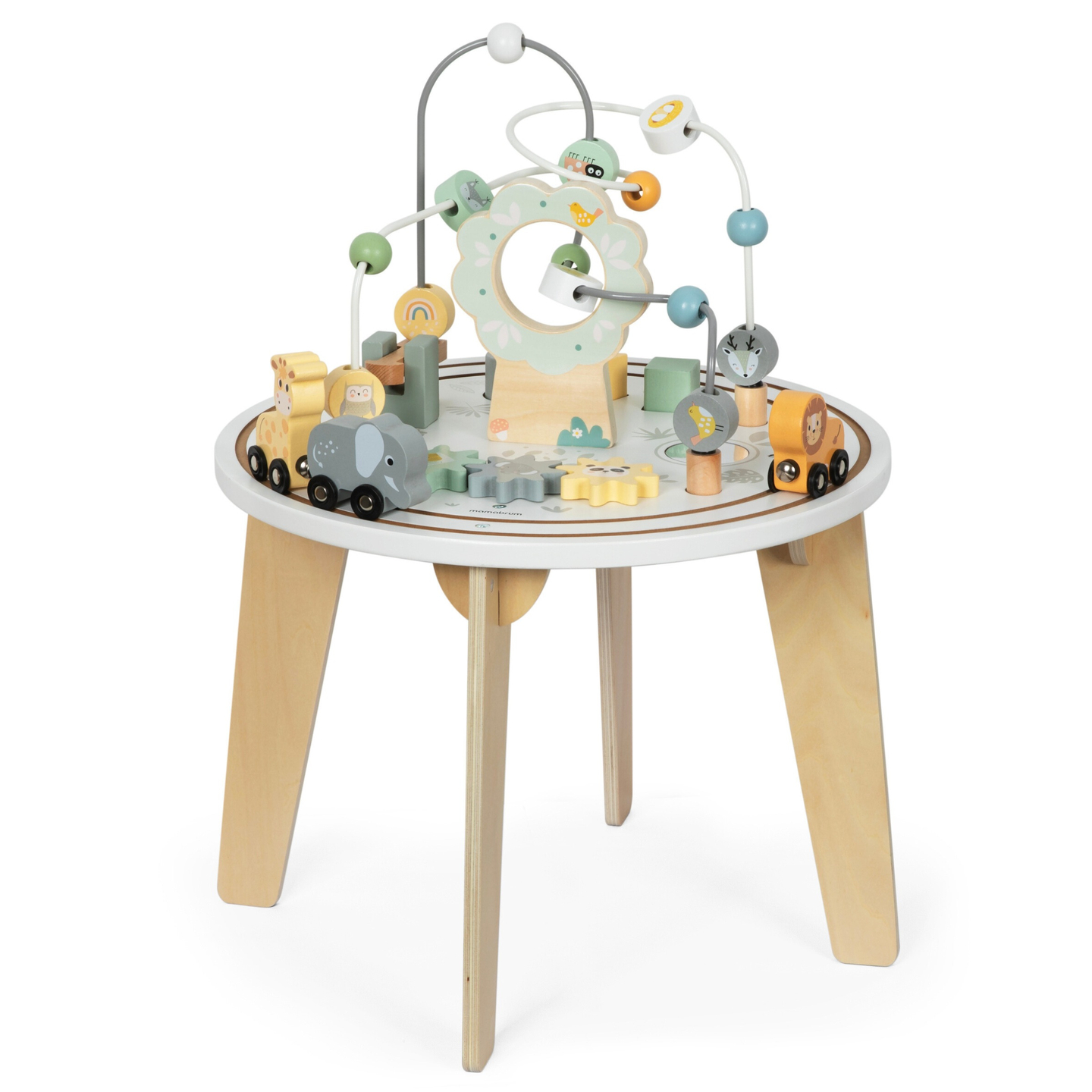 Rundt uddannelsesbord af træ med et magnetisk tog og en perlekaster