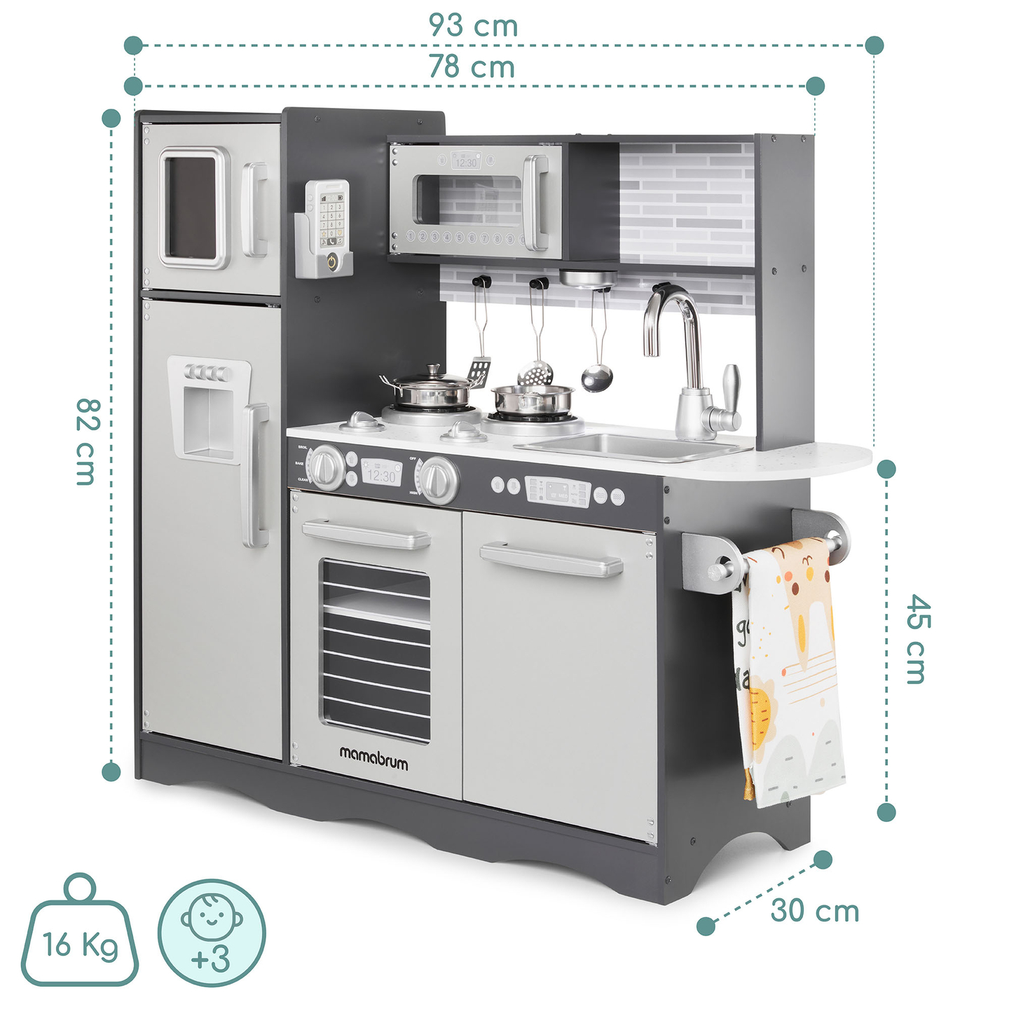 XXL-trækøkken med LED-belysning, forklæde og tilbehør